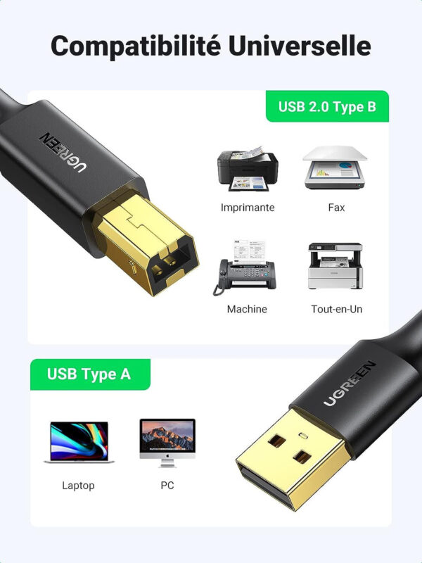 cable ugreen imprimante usb 20 a male vers usb b male 2m 20847 1