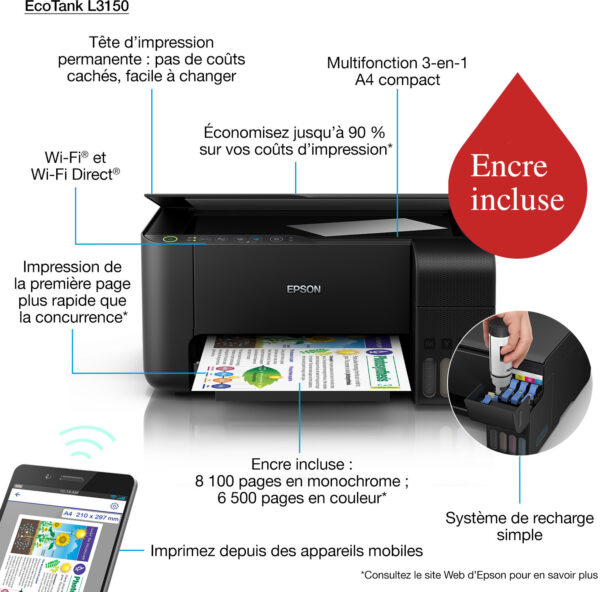 Epson EcoTank L3150 Imprimante à réservoirs rechargeables (C11CG86407) – Image 2
