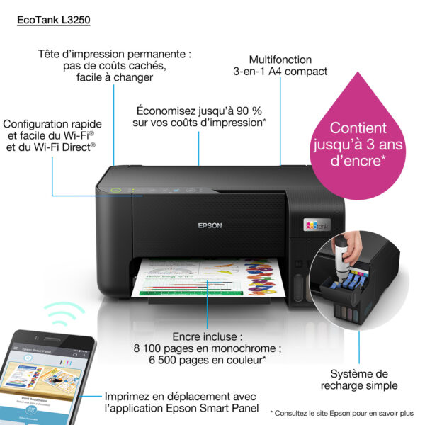 epson ecotank l3250 imprimante multifonction a reservoirs rechargeables c11cj67408 1
