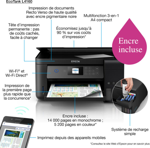 Prix Epson EcoTank L4160 Imprimante multifonction à réservoirs rechargeables (C11CG23402) -  -  – Image 3