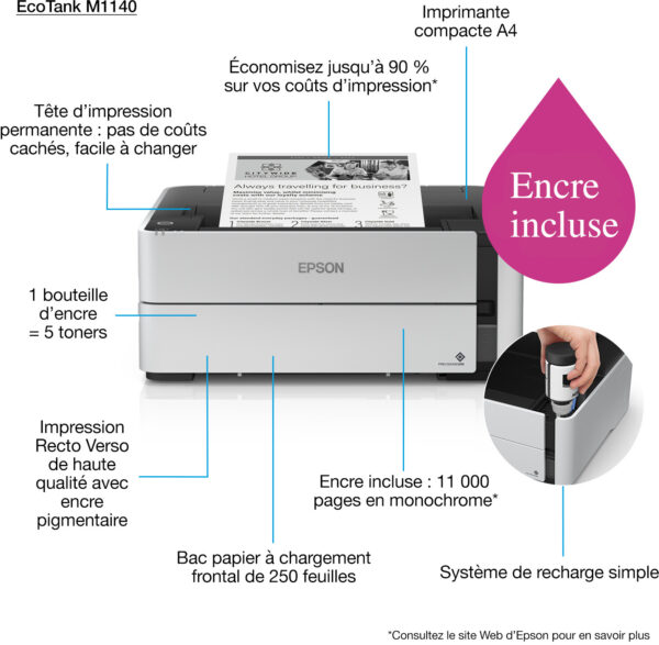 Prix Epson EcoTank M1140 Imprimante monochrome à réservoirs rechargeables (C11CG26404) -  -  – Image 2
