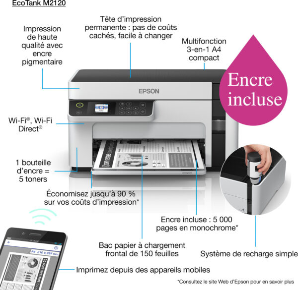 Epson EcoTank M2120 Imprimante multifonction monochrome à réservoirs rechargeables (C11CJ18403) – Image 2