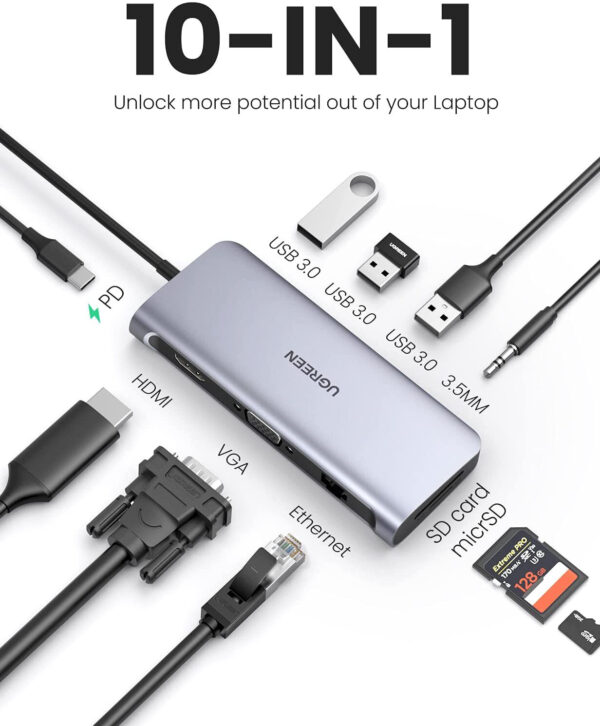 Hub USB-C Ugreen 10 en 1 Supporte PD 100W Recharge (80133) – Image 2