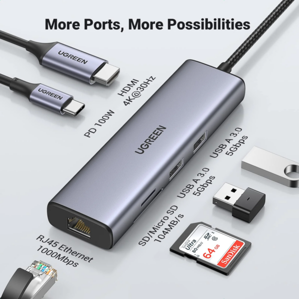 HUB Ugreen USB-C 7 en 1 Supporte PD (Power Delivery) 100W Recharge (90568) – Image 2