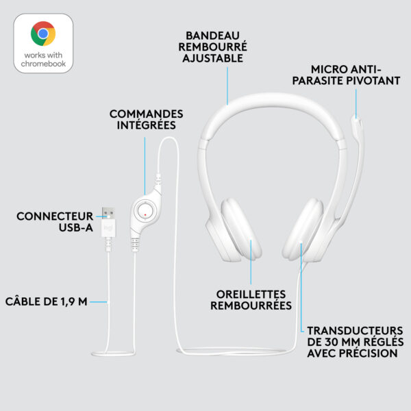 Logitech H390 Casque Avec fil Arceau Bureau/Centre d'appels USB Type-A Blanc (981-001286) – Image 12
