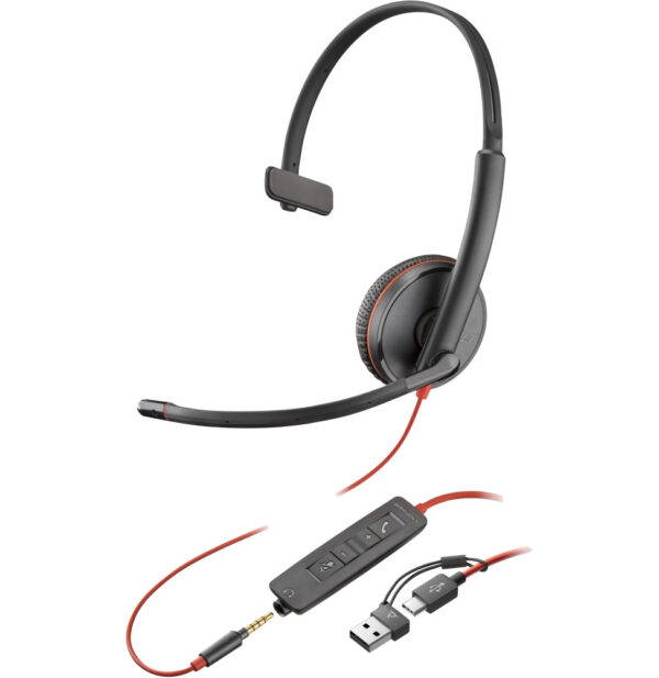 Prix POLY Micro-casque Blackwire 3215 monaural USB-C + connexion 3,5 mm + adaptateur USB-C/A (8X227AA) -  - 