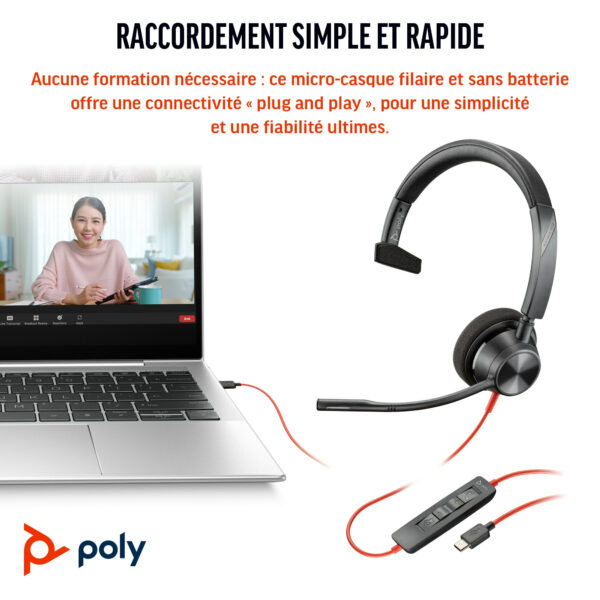 Prix POLY Micro-casque Blackwire 3310 monaural USB-C certifié Microsoft Teams + adaptateur USB-C/A (8X216AA) -  -  – Image 2