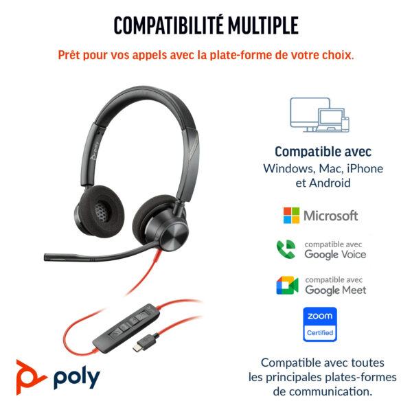 Prix POLY Micro-casque Blackwire 3320 stéréo USB-C certifié Microsoft Teams + adaptateur USB-C/A (8X220AA) -  -  – Image 2