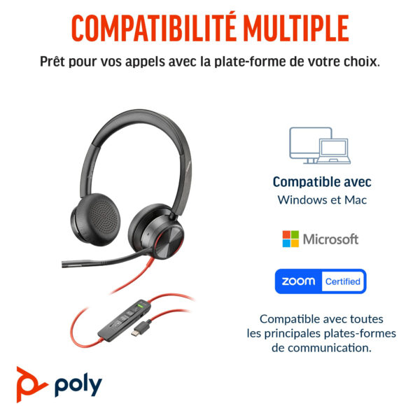 Prix POLY Micro-casque Blackwire 8225 stéréo USB-C + adaptateur USB-C/A (8X223AA) -  -  – Image 7
