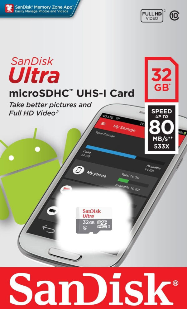 Prix SanDisk Ultra microSDXC 32GB 80MB/s Cl. 10 (SDSQUNS-032G-GN3MN) -  -  – Image 2